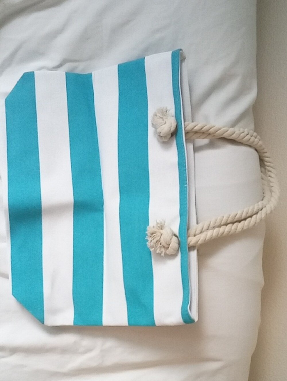 NWT Striped Turquoise and White Rope-Handle Tote - Picture 2 of 3